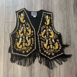 Vintage Gold Embroidered Vest with Fringe